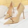 BIGTREE Women's Pearl Chain Stiletto Pumps – Pointed Toe High Heels for Party & Banquet