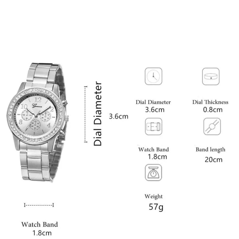 Women's Luxury Quartz Watch & 5-Piece Rhinestone Jewelry Set – Stainless Steel Strap, Bracelet, Necklace, Earrings & Ring