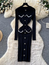 Women's Autumn Knit Bodycon Midi Dress - Long Sleeve Multicolor Pockets Slim French Office Style (One Size)