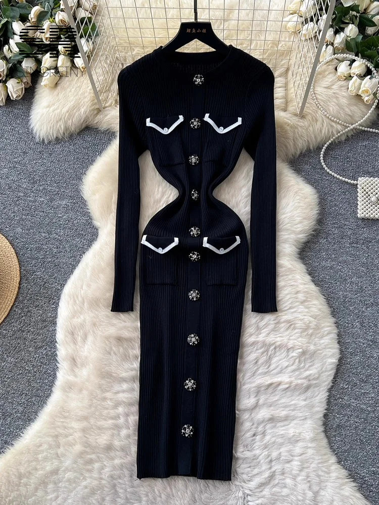 Women's Autumn Knit Bodycon Midi Dress - Long Sleeve Multicolor Pockets Slim French Office Style (One Size)