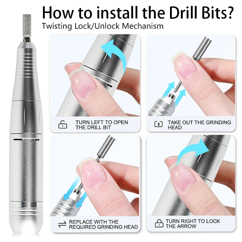 45000 RPM Rechargeable Electric Nail Drill Kit — Portable Nail File with LCD, 2600mAh Battery, 6 Bits & 6 Sanding Bands