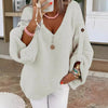 Women's Casual Knitted V-Neck Sweater – Button Detail Lantern Sleeve Loose Pullover for Fall/Winter
