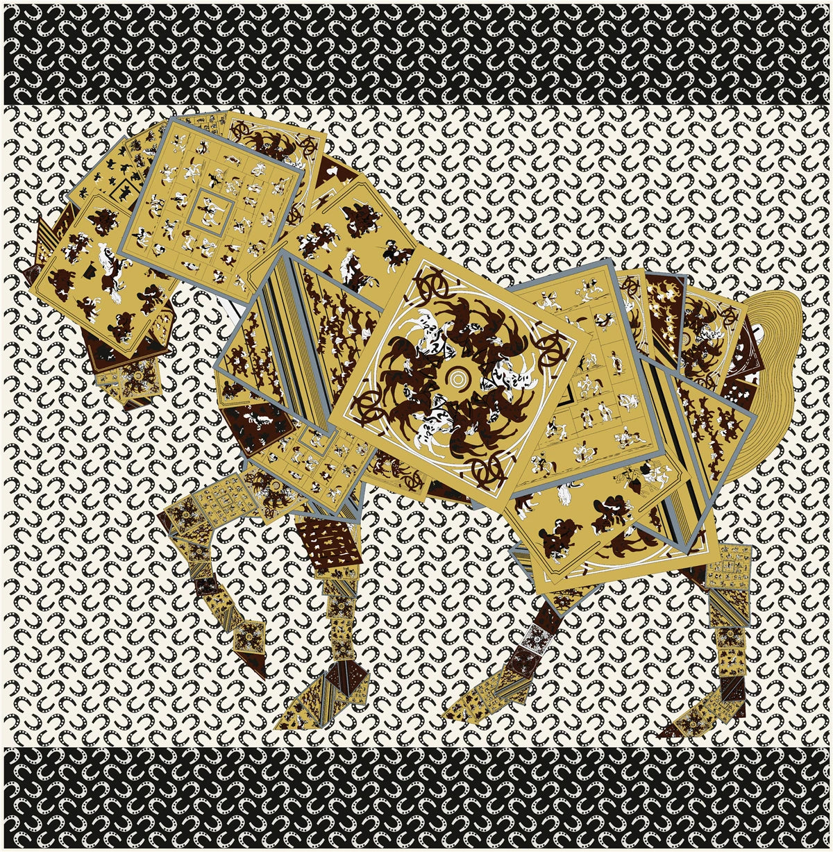 90 x 90 cm (35 in) Checkered Horse Print Twill Silk Square Scarf, Women's Luxury Bandana Shawl Hijab Neckerchief