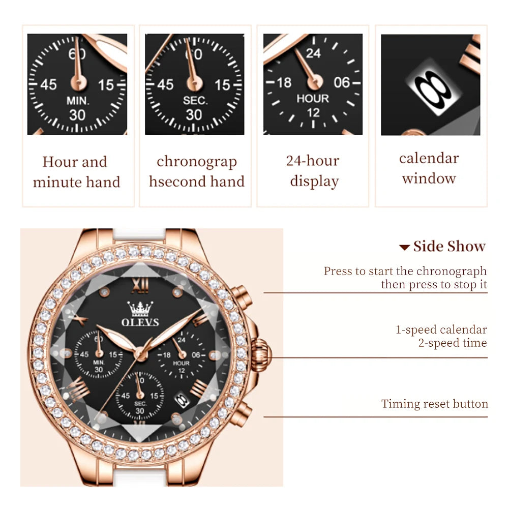 OLEVS Women's Ceramic 35mm Quartz Chronograph Watch - Waterproof Luminous Date Elegant Dress Wristwatch