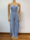 Women's Summer Strapless Backless Jumpsuit - Cut-Out Waist, Full-Length Trousers with Side Slit