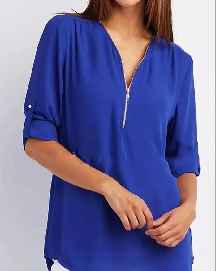 Women's Loose V-Neck Chiffon Blouse with Zipper Pullover — Casual Plus Size
