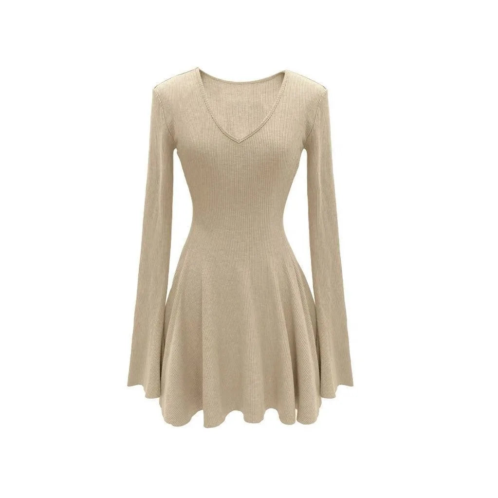 French V-Neck Ribbed Knit A-Line Mini Dress - Long Sleeve Autumn Winter Waist-Defining
