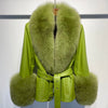 YOLOAgain Women's Genuine Sheepskin Leather Jacket with Real Fox Fur Detachable Collar & Sleeves - Belted Pockets, Autumn/Winter