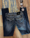 Retro Embroidered Wing-Pocket Boot-Cut Jeans for Women – Mid-Rise Blue Wide-Leg Streetwear Harajuku Gothic
