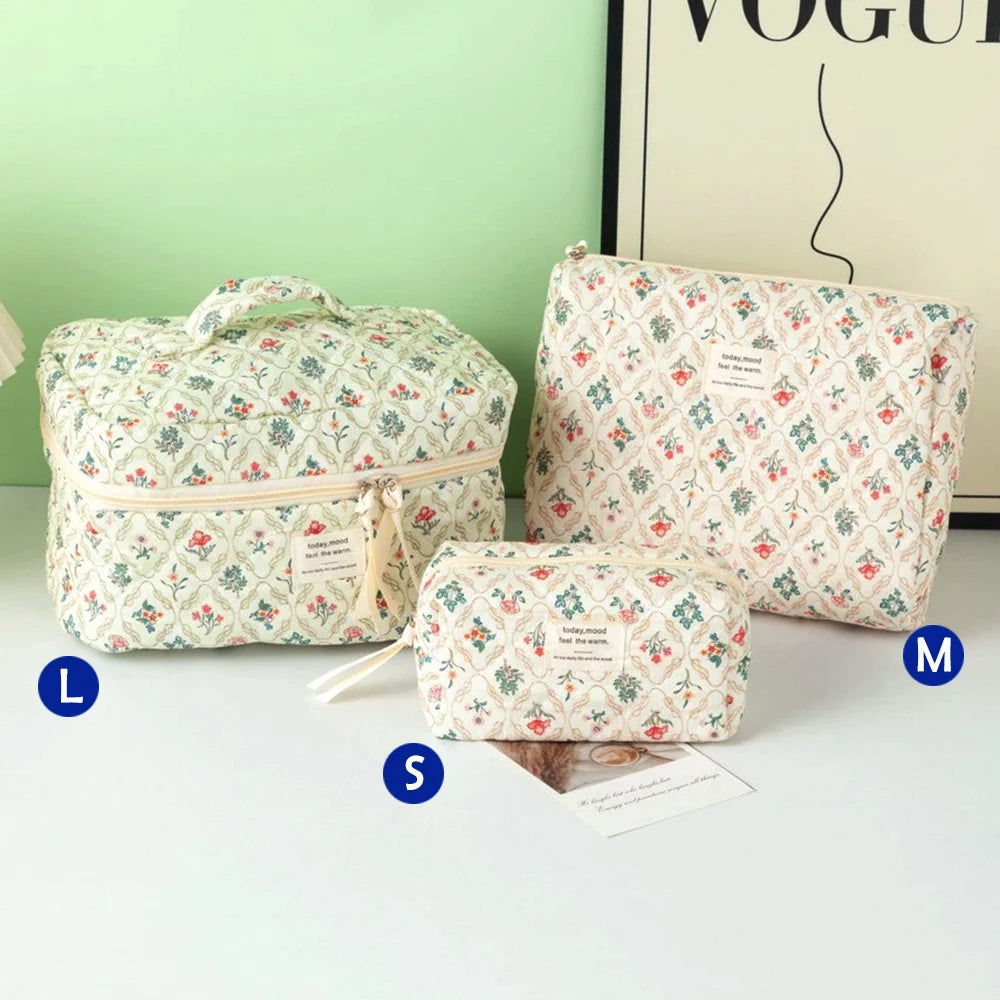 Quilted Cotton Makeup Bag – Zipper Cosmetic Organizer Box-Shaped Toiletry Case for Women & Girls