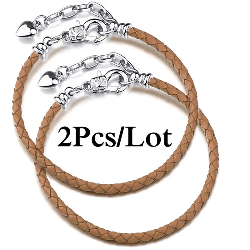 2-Pack Leather Chain Charm Bracelets with Beads – Handmade Couples Pulsera Jewelry (Unisex)