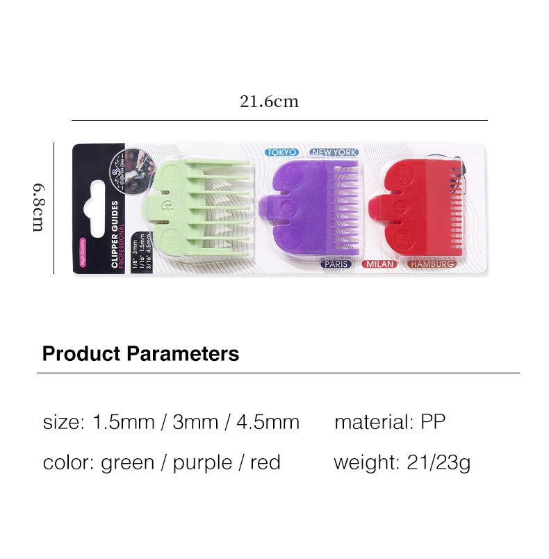 Universal Hair Clipper Guide Combs 1.5/3/4.5mm – Color-Coded Plastic Trimmer Guards (Green, Purple, Red)