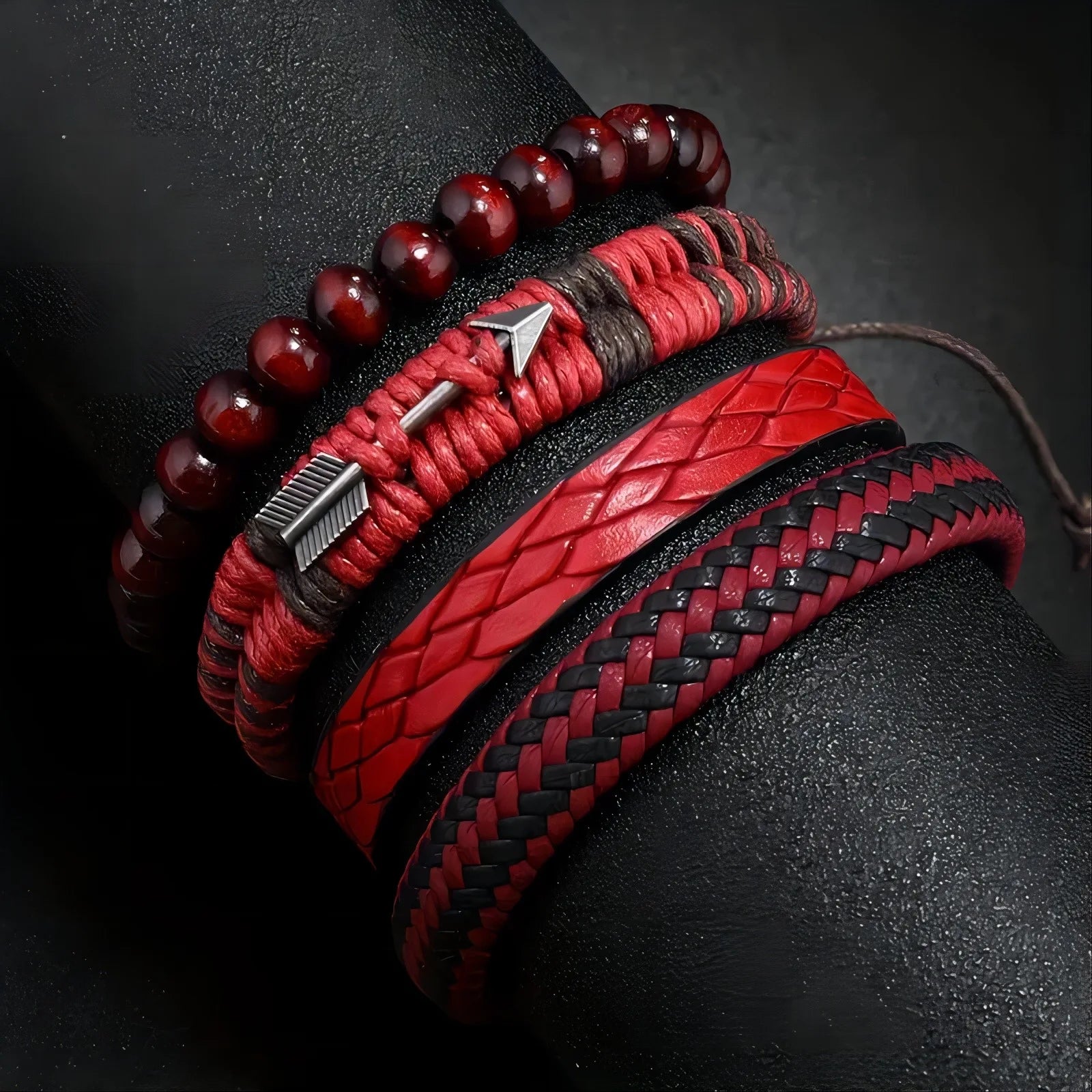 Vintage Hand-Woven Leather Bracelet for Men – Wooden Beads & Cupid Arrow Accent