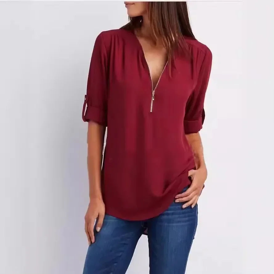 Women's Loose V-Neck Chiffon Blouse with Zipper Pullover — Casual Plus Size