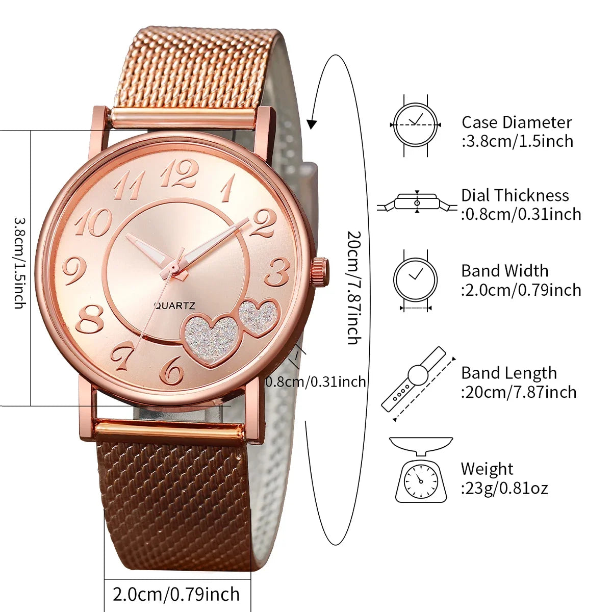 Women's Heart Dial Quartz Watch 38mm Casual Analog with 20mm Rubber Band - Fashion Gift