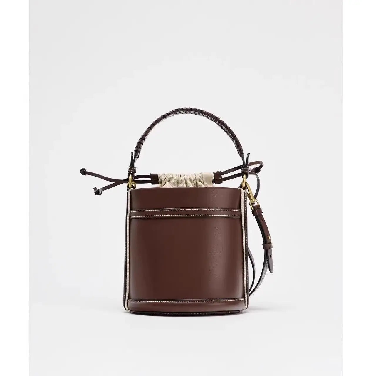 Small Woven Drawstring Bucket Bag for Women - Retro Stitching Shoulder & Crossbody Bag