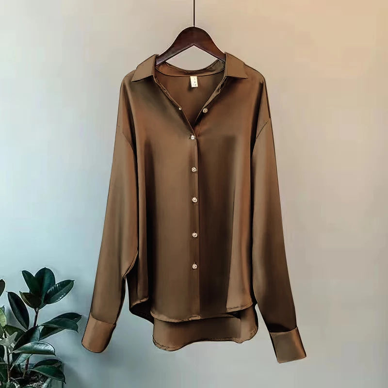 Women's Satin Button-Front Blouse — Korean Long Sleeve Casual Office Top, Slim Fit