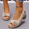 Women's Floral Cutout Mid Block Heel Sandals - Pointed Toe, Buckle Ankle Strap, Comfortable Latex Foam Insole