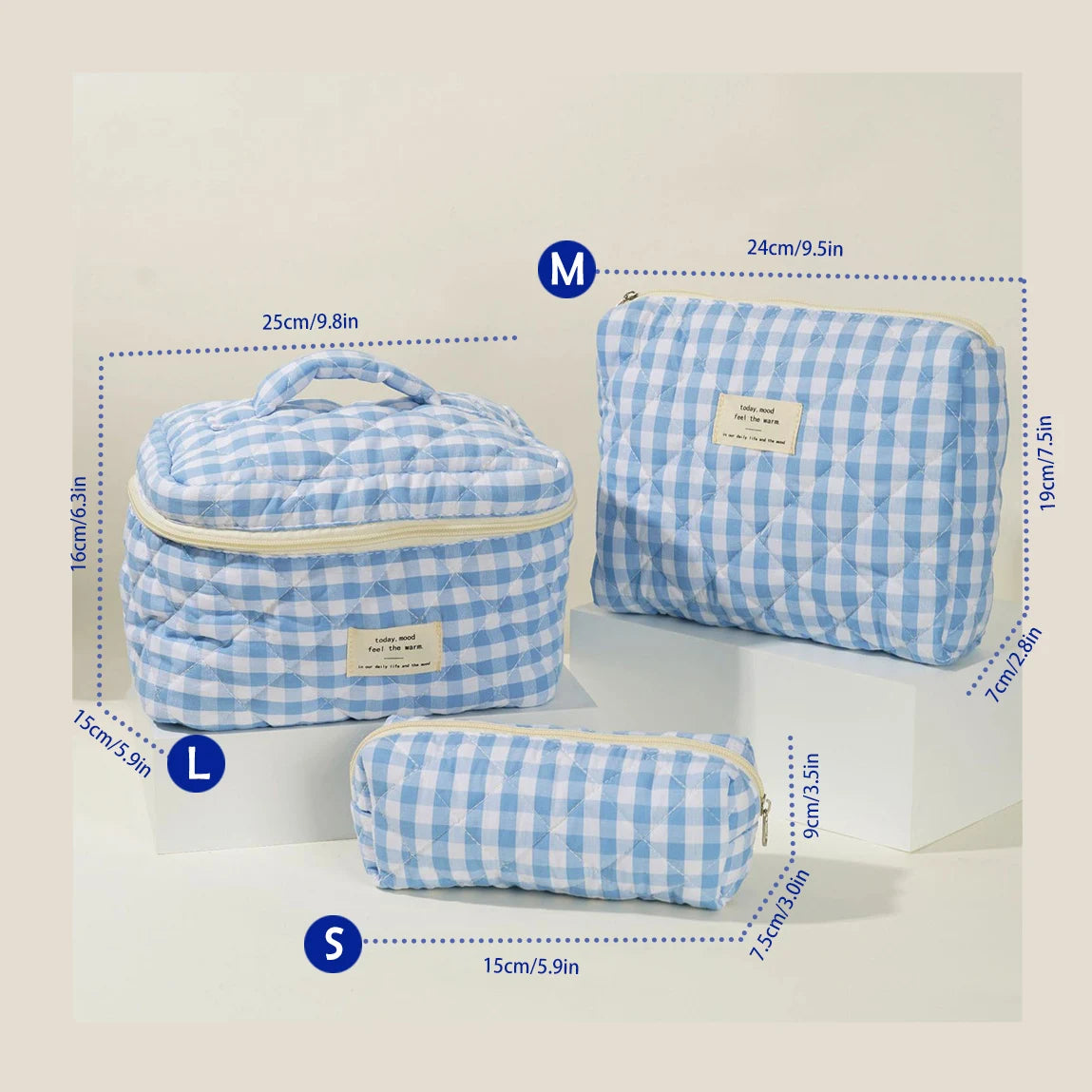 Quilted Cotton Makeup Bag – Zipper Cosmetic Organizer Box-Shaped Toiletry Case for Women & Girls