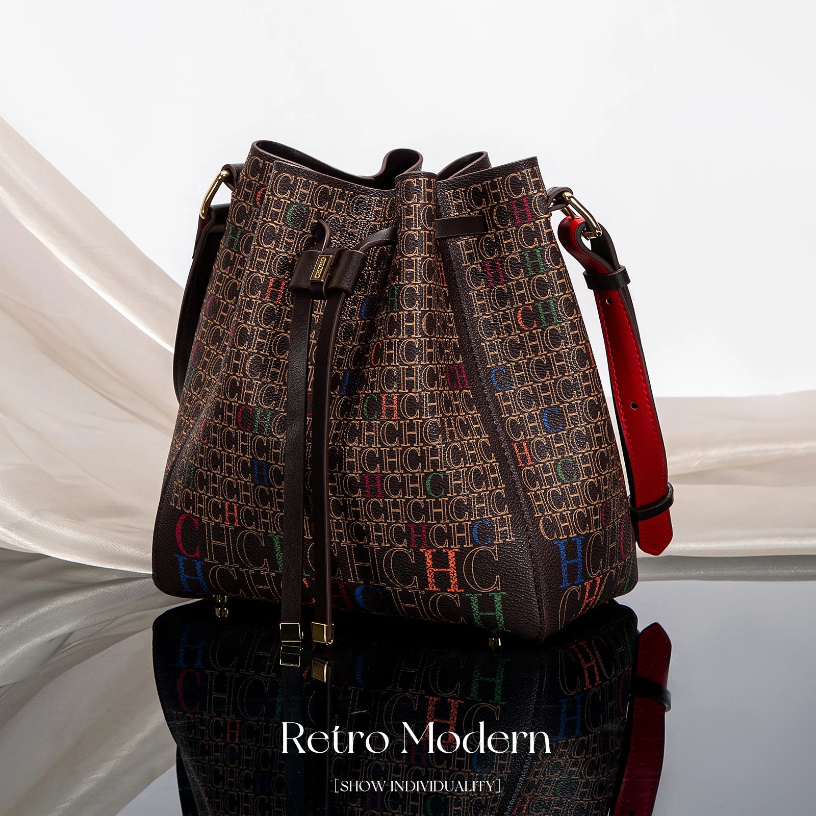 CHCH Women's Drawstring Bucket Bag with Matching Wallet – Coffee Letter Print Shoulder Handbag