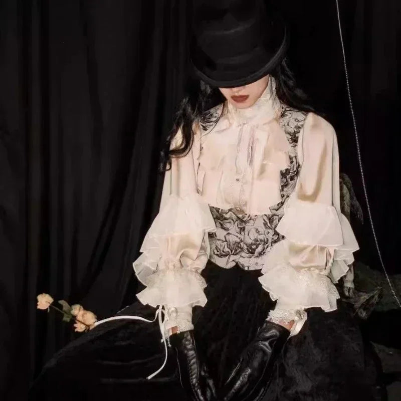 Kawaii Lolita Blouse for Women – Vintage Lace Patchwork Lantern Sleeve Top, Y2K Aesthetic JK Cosplay