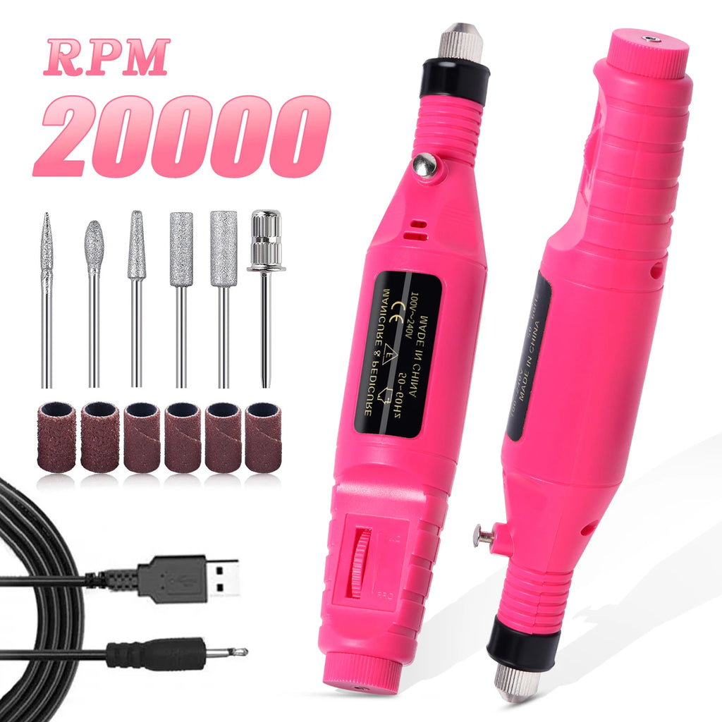 Electric Nail Drill Kit - Portable Professional Manicure & Pedicure Nail Sander, 20,000 RPM, 6 Bits & 6 Sand Bands