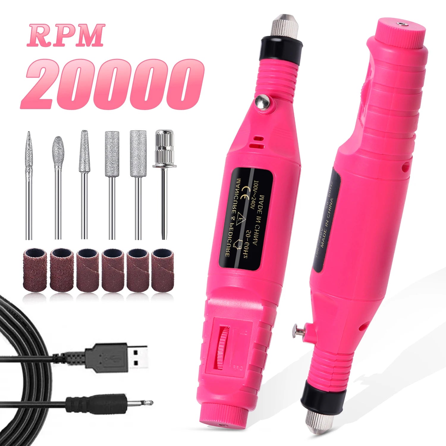 Electric Nail Drill Kit - Portable Professional Manicure & Pedicure Nail Sander, 20,000 RPM, 6 Bits & 6 Sand Bands