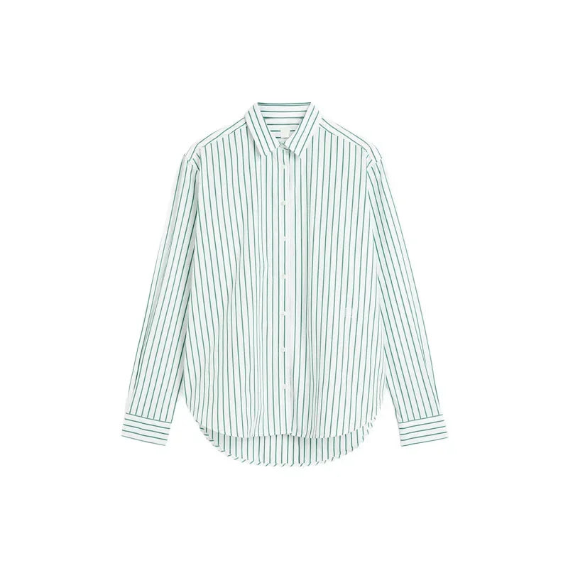 Women's Vertical Striped Shirt - Loose Long-Sleeve Button-Up Blouse with Asymmetric Hem, Office Commuter Style