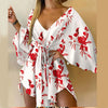 Women's Floral V-Neck Ruffle Batwing Sleeve Bohemian Mini Dress - Loose Summer Beach Vacation Sundress