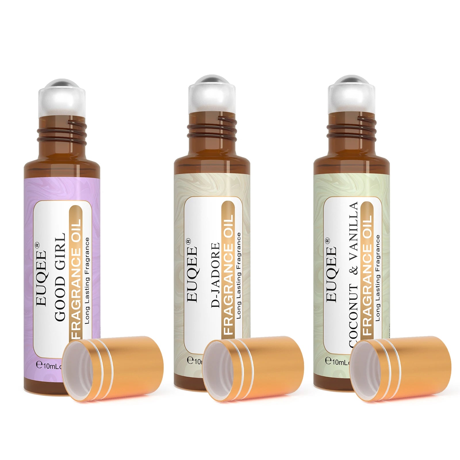 EUQEE 10ml Roll-On Fragrance Oil for Women - Portable Roller Perfume in Coconut Vanilla, Bubble Gum, Midnight Rose (Amber Glass)