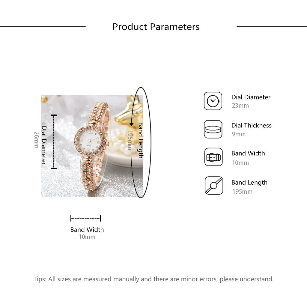 Women's Luxury Quartz Watch & 5-Piece Rhinestone Jewelry Set – Stainless Steel Strap, Bracelet, Necklace, Earrings & Ring