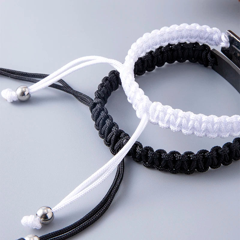 2-Pack Couple Bracelets — Stainless Steel Finger Heart Woven Rope Black & White, Adjustable Lace-Up Valentine Gift