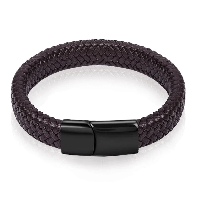 Men's White Braided Leather Bracelet with 316L Stainless Steel Double-Safety Magnetic Clasp — Sizes 18.5/20.5/22 cm (7.3/8.1/8.7 in)