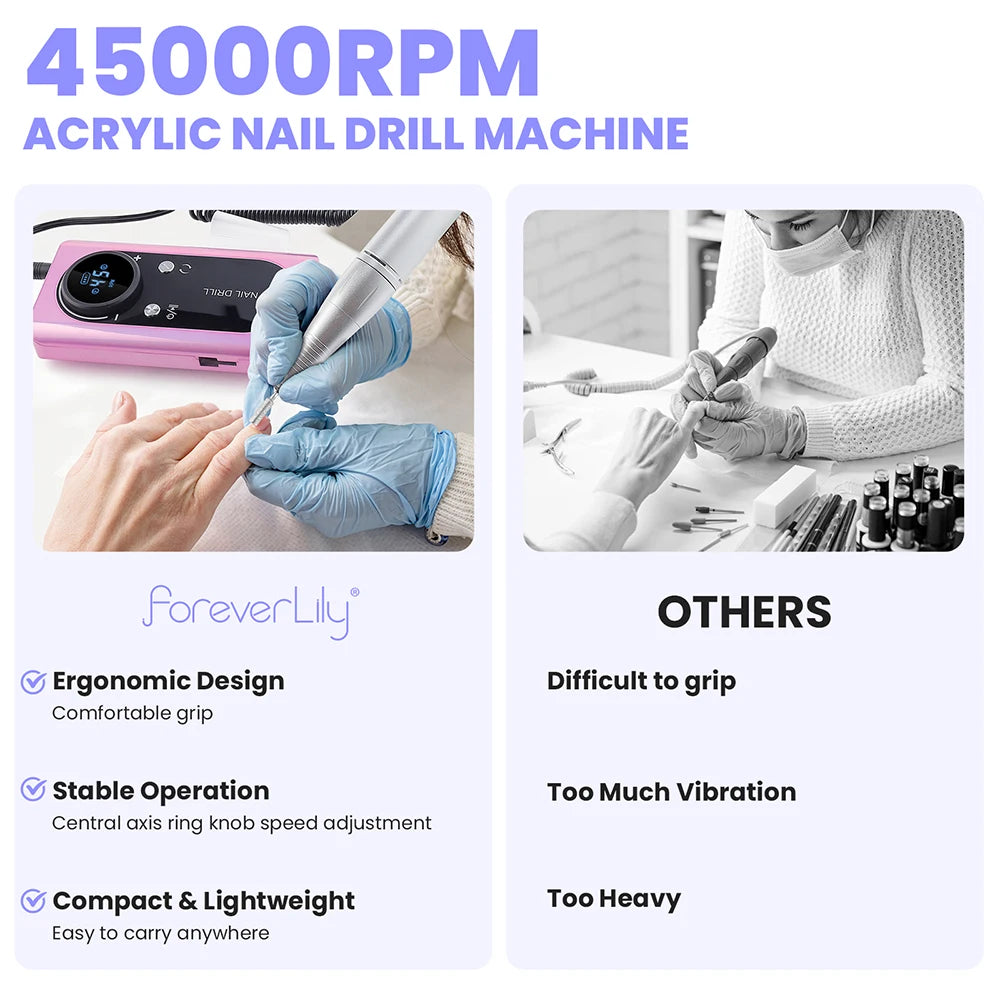 Rechargeable 45000RPM Portable Nail Drill Kit – Wireless Manicure & Pedicure Grinder with 6 Bits and 6 Sanding Bands