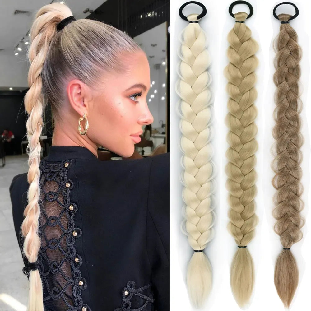 24-Inch (61 cm) Synthetic Braided Ponytail Extension for Women, High-Temperature Fiber Black/Brown with Hair Rope