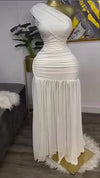 Elegant One-Shoulder Mesh Slit Maxi Dress for Women Asymmetric Neck Evening Party Dress