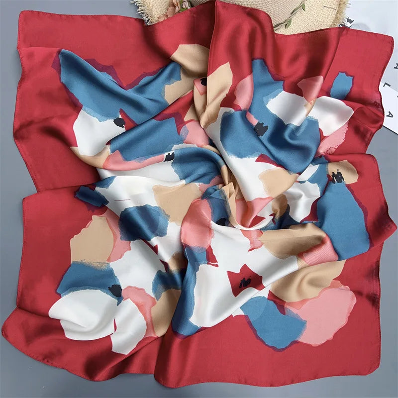 70 x 70 cm (27.6 x 27.6 in) Floral Satin-Look Polyester Square Scarf - Women's Headscarf, Hijab, Hair Band & Wrist Wrap