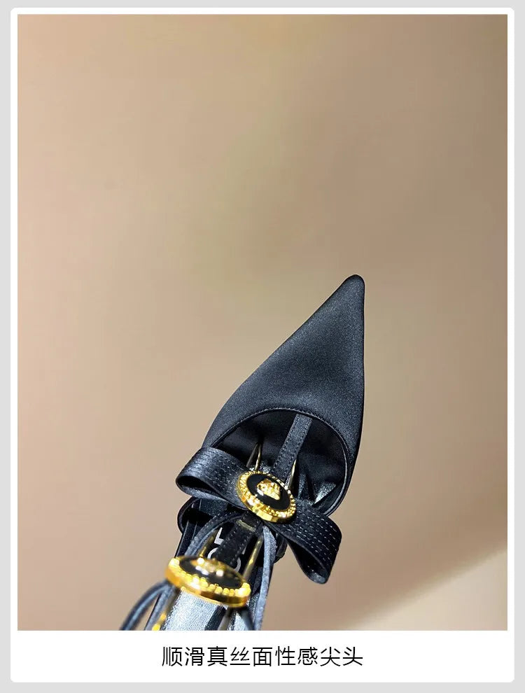 Bow Tie Pointed Toe Thin Heel Sandals for Women, Roman Straight Strap, 2.0-3.1 in (5-8 cm) Heel