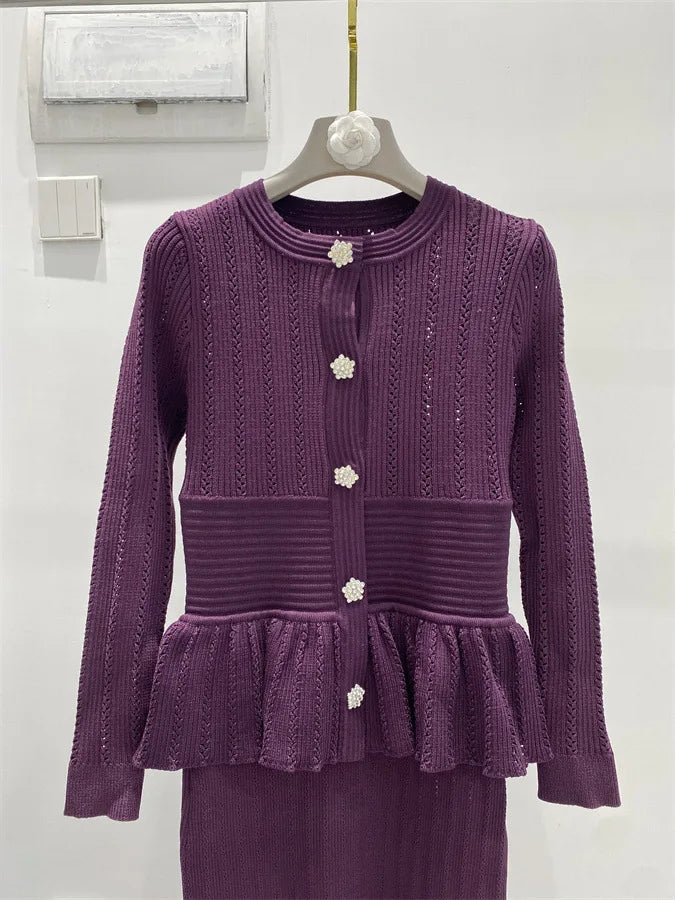 Hollow-Out Knitted Midi Sweater Dress with Ruffled Flare Sleeves – Purple Patchwork Floral