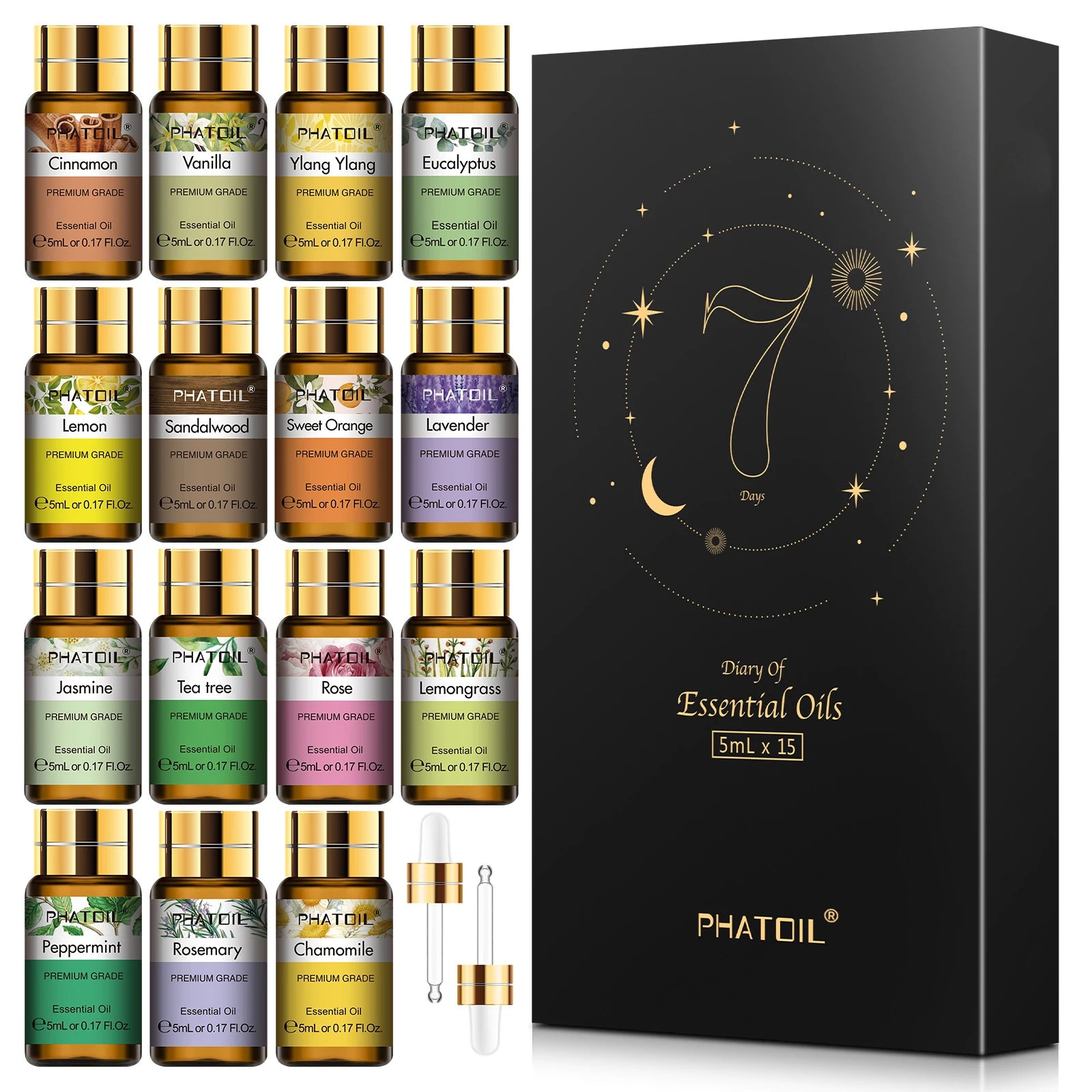 15-Piece Pure Essential Oils Set 5ml (0.17 fl oz) – Aromatherapy Oils for Diffusers, Humidifiers & Candle Making – Lavender, Vanilla, Peppermint, Rosemary