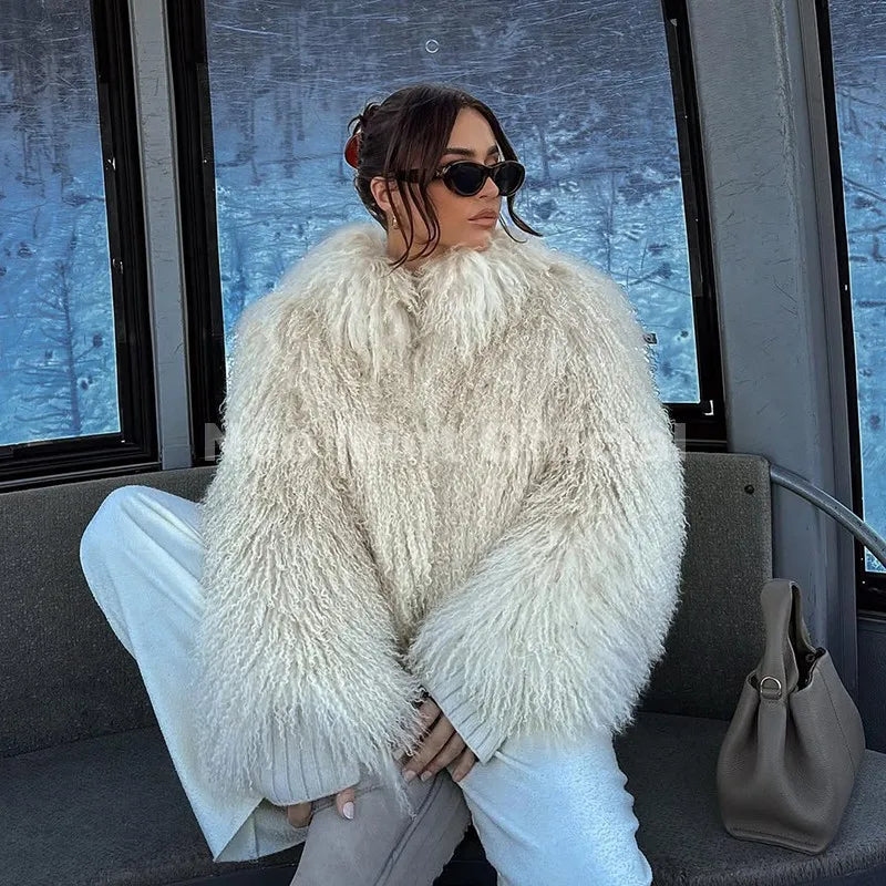 Neo Mint Faux Mongolia Sheep Fur Coat for Women Fluffy Warm Chic Streetwear Outerwear