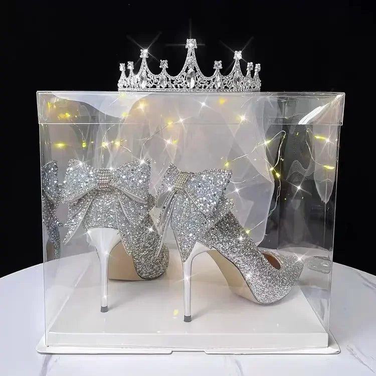 Women's Silver Ribbon Rhinestone Stiletto Pumps Pointed Toe High Heels Lightweight (EU 34-43)