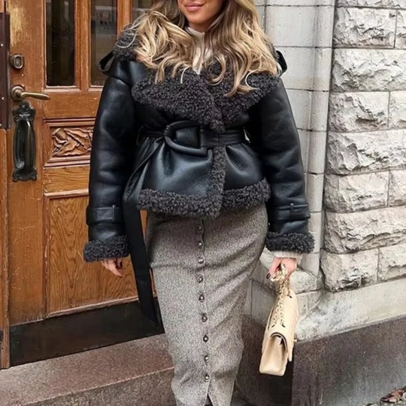 Women's Faux Fur Lined Faux Leather Long Coat – Lapel Belted Patchwork Winter Jacket