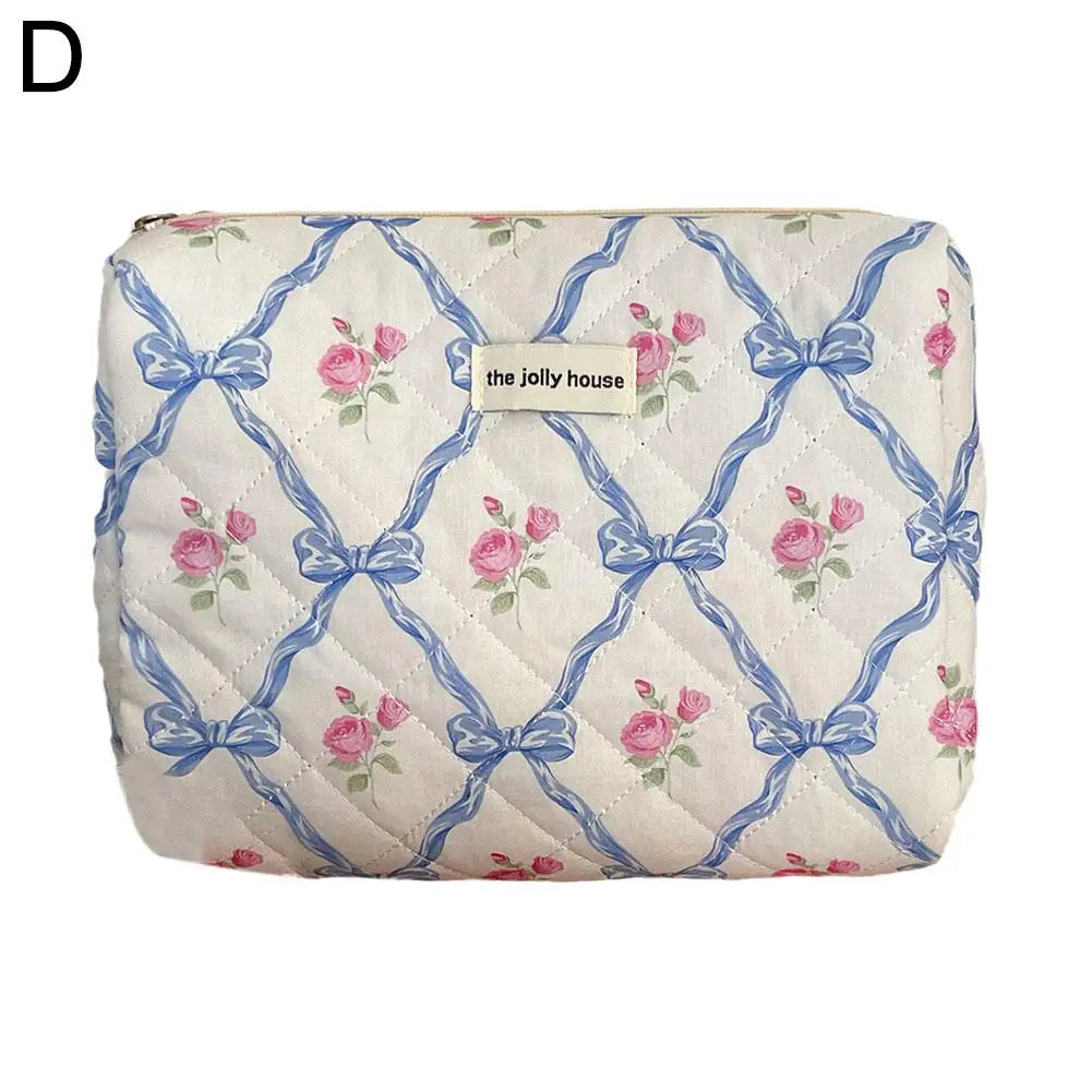 Quilted Bow & Flower Makeup Bag – Zipper Cosmetic Organizer Pouch, Portable Toiletry Clutch for Women & Girls