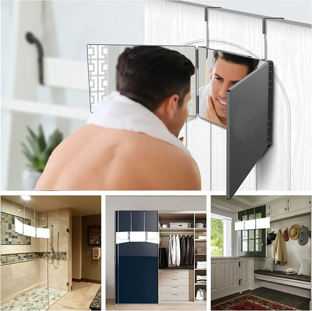 360° Trifold Travel Makeup Mirror with Height-Adjustable Telescoping Hook — Portable Foldable Vanity Mirror for Self Hair Cutting & Styling