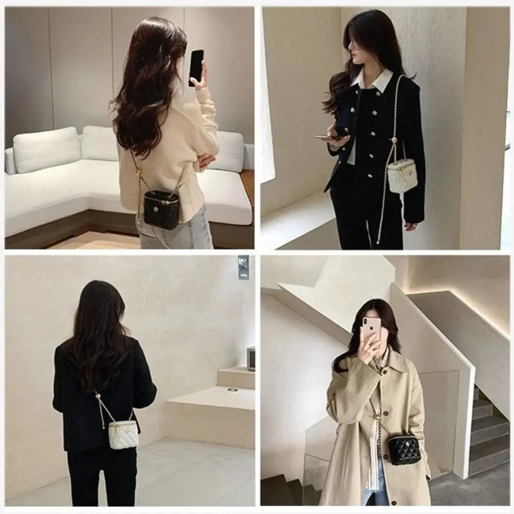 Camellia Rhombus Quilted Small Bucket Crossbody Bag with Chain Strap