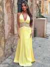 Mozision Women's Backless Halter Lace Maxi Dress - Deep V Patchwork Sleeveless High-Waist A-Line Gown