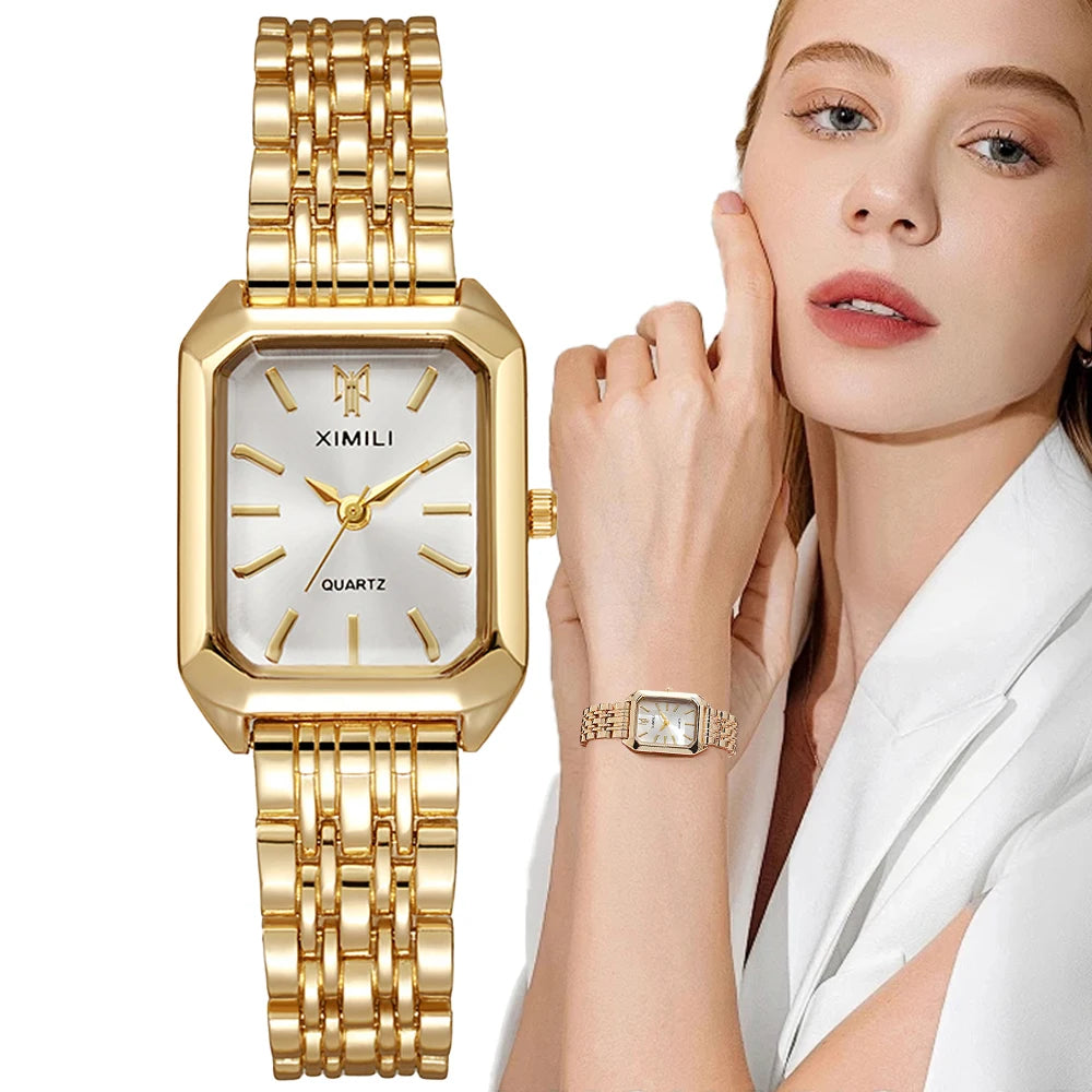 Gold Plated Rectangular Women's Quartz Watch — 2.2×3.0 cm (0.87×1.18 in) Dial, Stainless Steel Bracelet