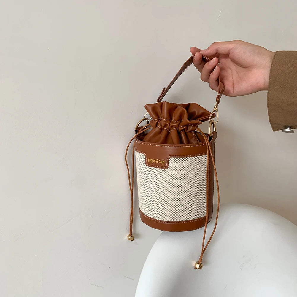 Vintage Patchwork Cylinder Drawstring Bucket Bag - PU Leather Mini Crossbody Shoulder Bag for Women