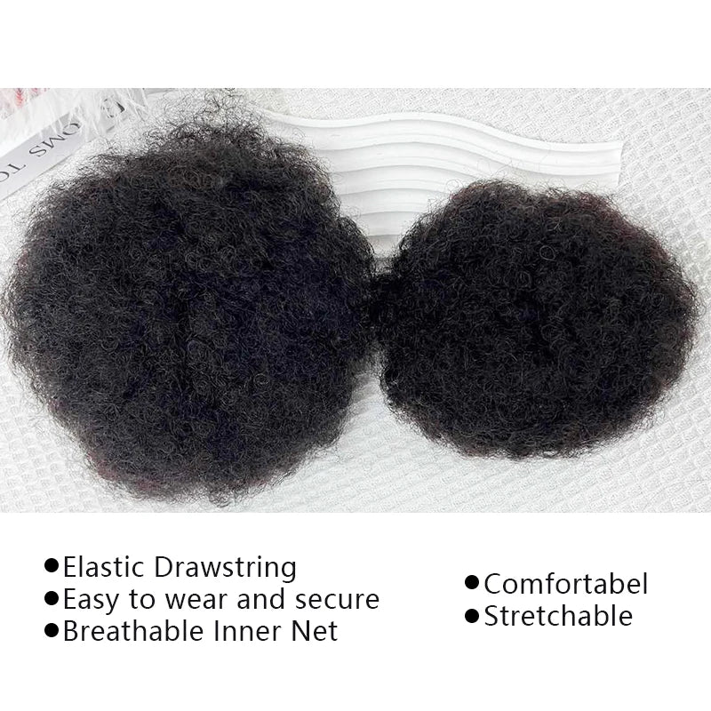 Kinky Curly Remy Human Hair Ponytail Afro Puff Drawstring Clip-In High Bun Updo Extension for Black Women